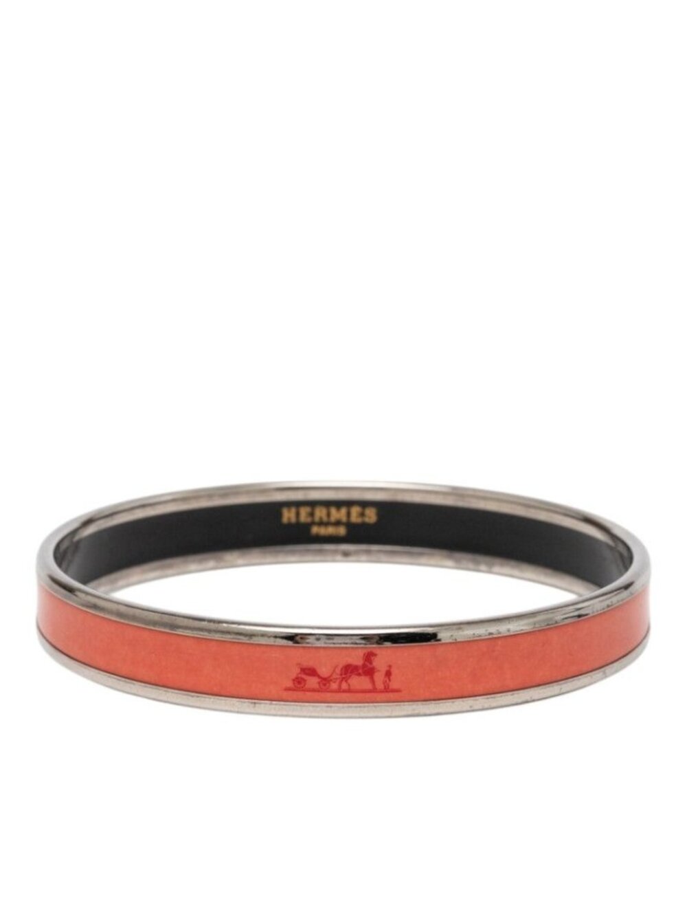 Hermes Enamel PM Cloisonne Bangle Silver Orange Metal Bracelet
